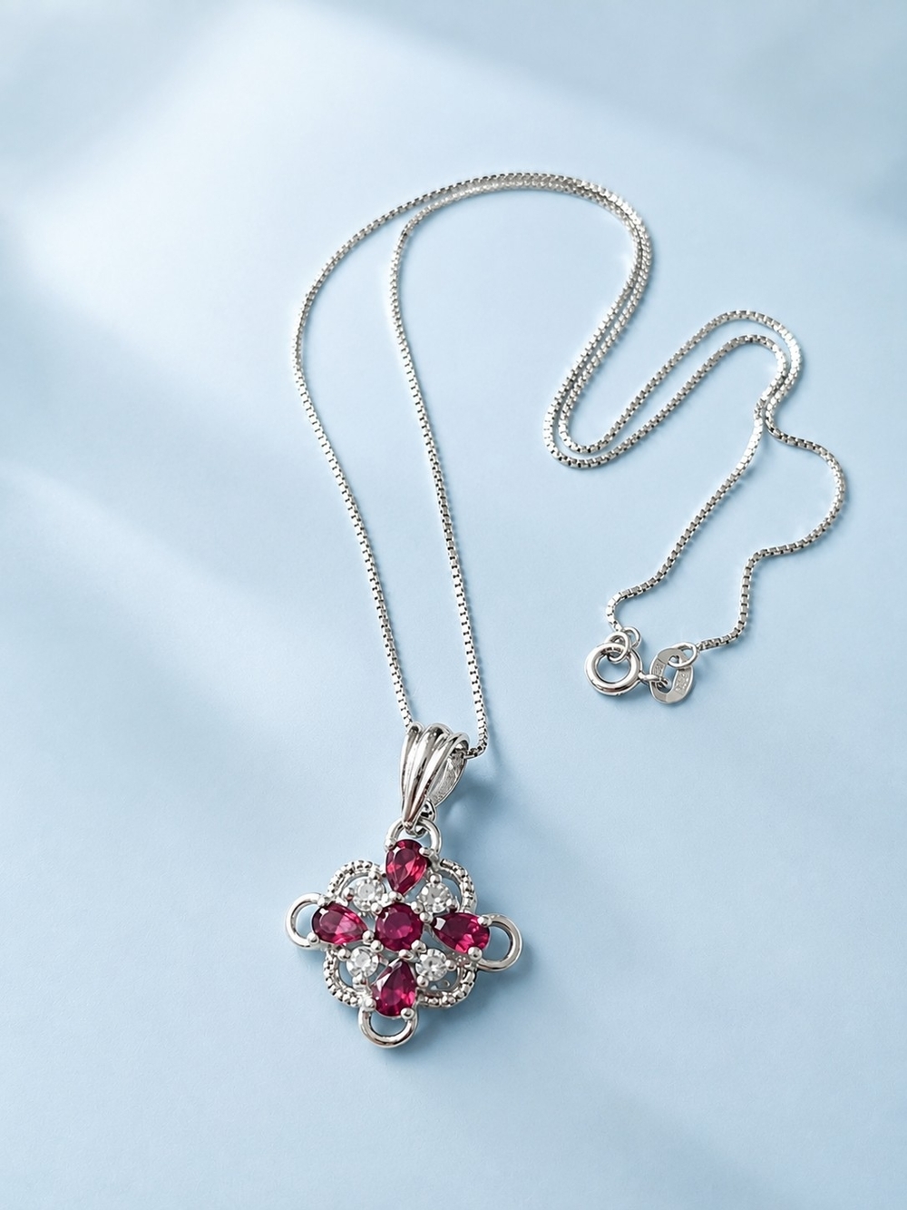 Silver Floral Crystal Pendant Necklace - Elegant Red Gemstone Jewelry